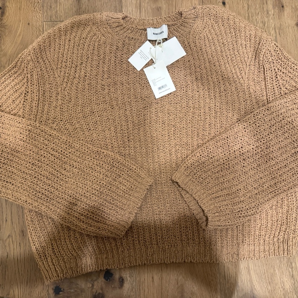 NANUSHKA Saio Open Back Chunky Open Weave Crewneck Sweater Nude $365 Medium - Picture 9 of 12